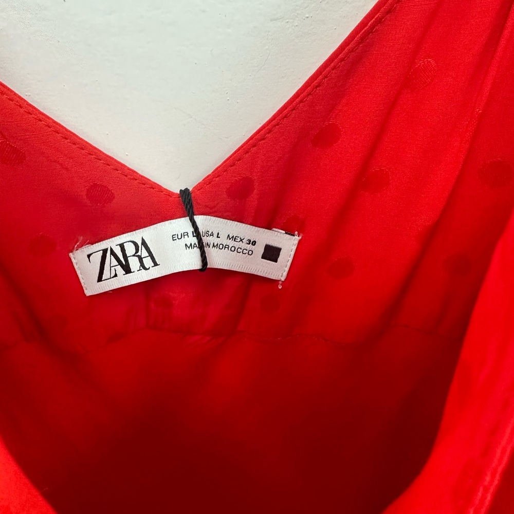 ⛔️SOLD⛔️Zara Red Satin Polka Dot Ruffle Leg Slit Spaghetti Strap Slip Dress Siz - Picture 8 of 9